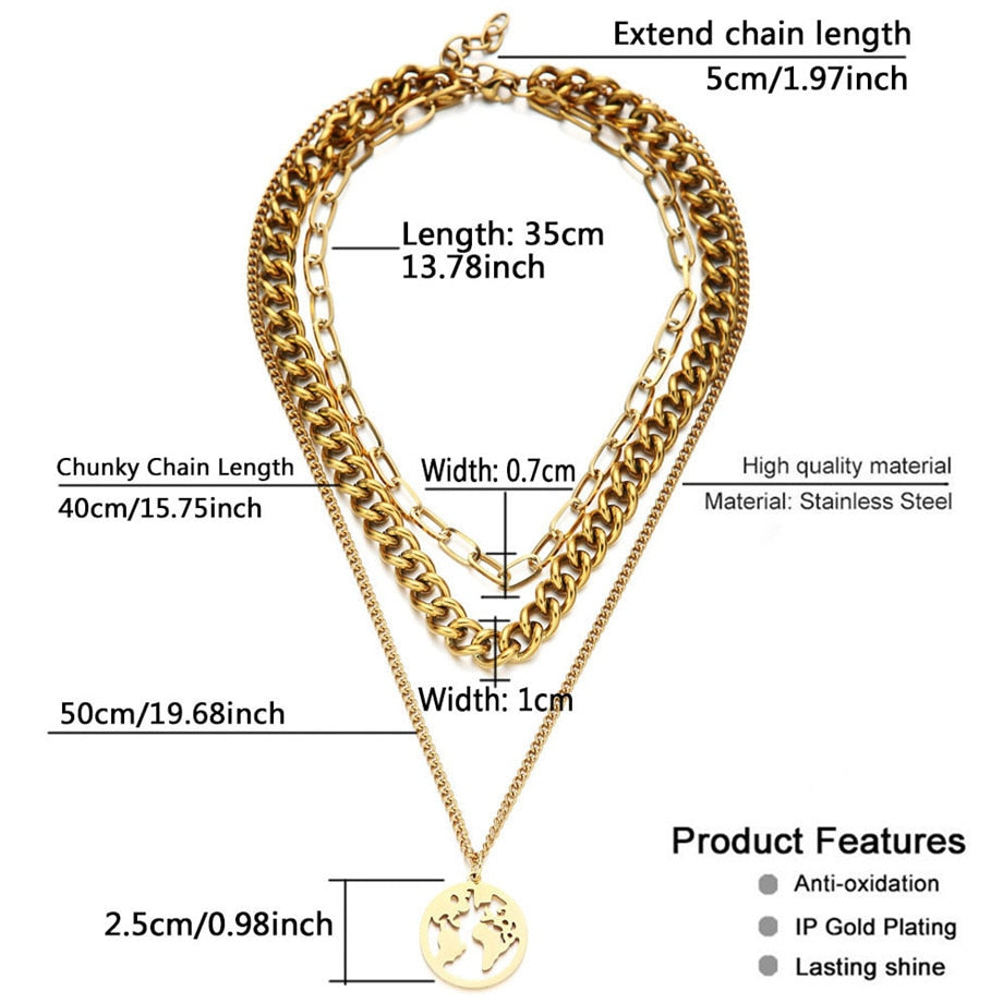 Cuban Link Chain Choker Necklace Punk Multilayer World Map Pendant Necklace for Women Gold Color Stainless Steel Collar Jewlery