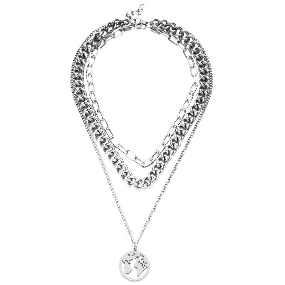 Cuban Link Chain Choker Necklace Punk Multilayer World Map Pendant Necklace for Women Gold Color Stainless Steel Collar Jewlery