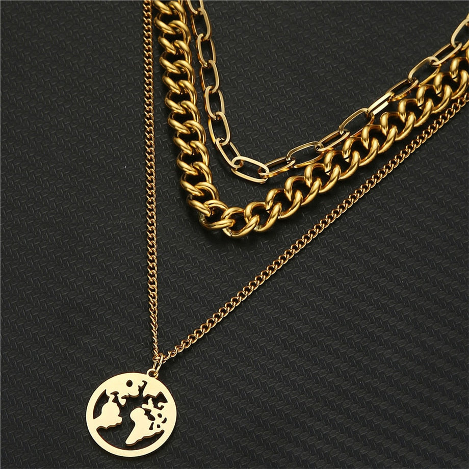 Cuban Link Chain Choker Necklace Punk Multilayer World Map Pendant Necklace for Women Gold Color Stainless Steel Collar Jewlery