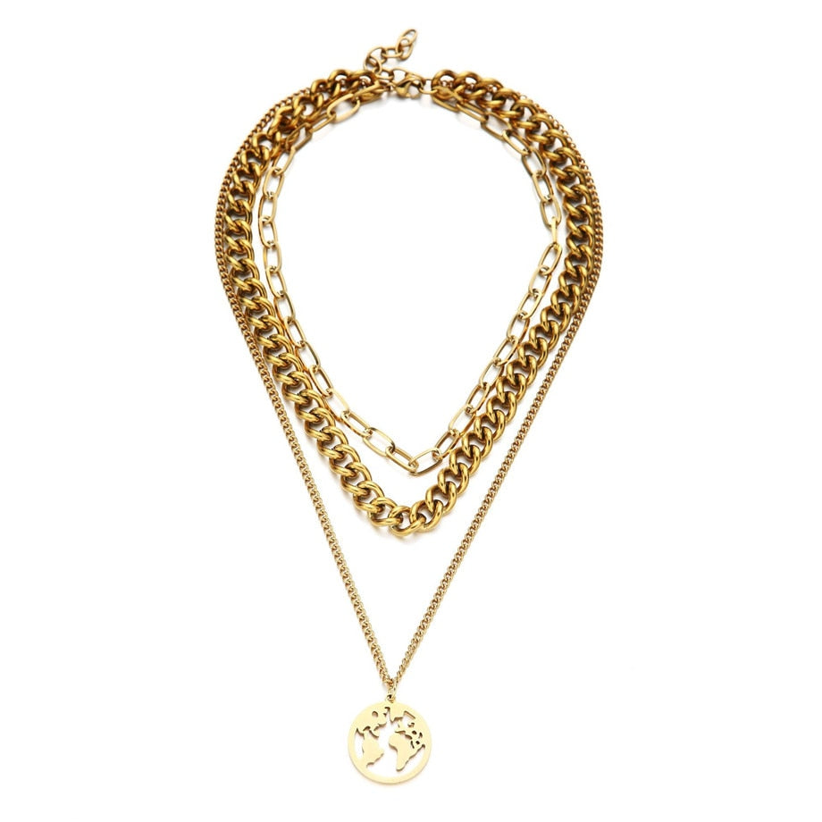 Cuban Link Chain Choker Necklace Punk Multilayer World Map Pendant Necklace for Women Gold Color Stainless Steel Collar Jewlery