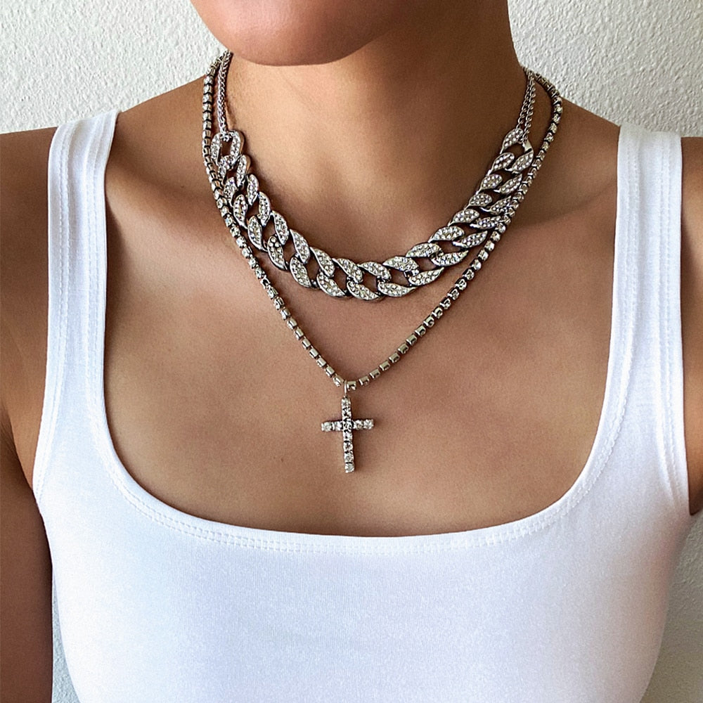 Cuban Link Chain Choker necklace set cross pendant necklace  Jewelry  Women Men   Jewellery