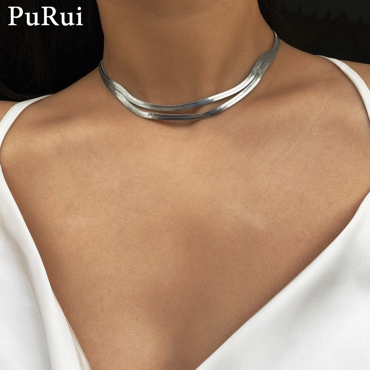 Cuban Snake Chain Choker Necklace Minimalist Hip Hop Metal Layered Collar Necklace for Women Men Silver Color Jewelry