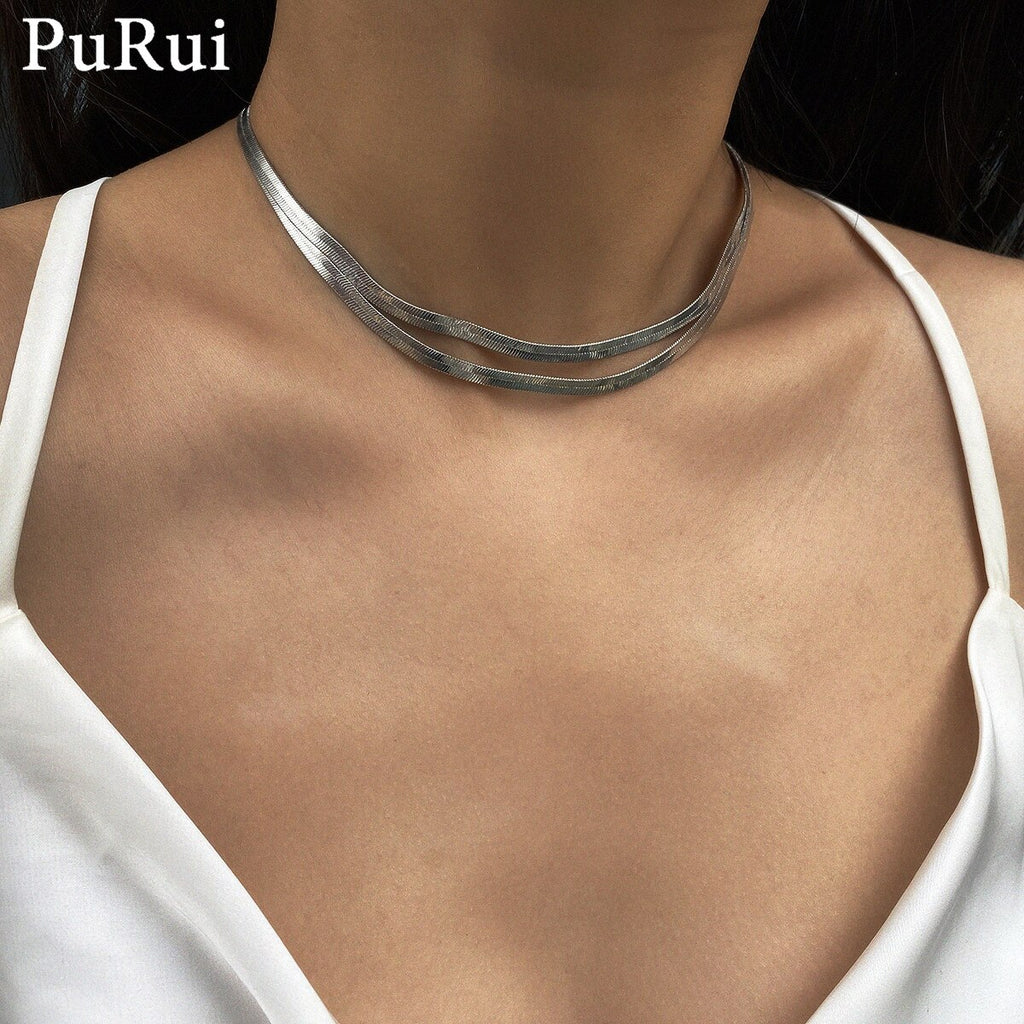 Cuban Snake Chain Choker Necklace Minimalist Hip Hop Metal Layered Collar Necklace for Women Men Silver Color Jewelry