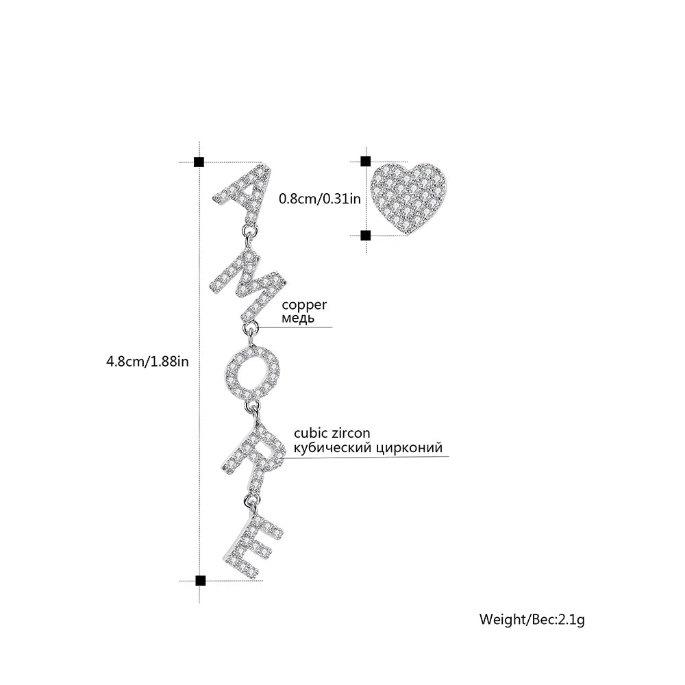 Cubic Zircon Heart AMORE Letter Drop Earrings for Women Korean Earrings 2022 Trendy Jewelry Female Accessorie 11.11