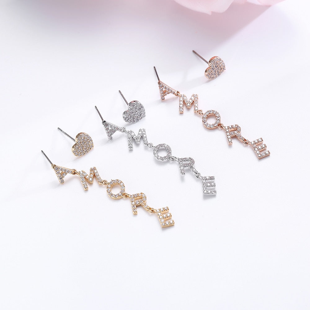 Cubic Zircon Heart AMORE Letter Drop Earrings for Women Korean Earrings 2022 Trendy Jewelry Female Accessorie 11.11