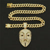 Cubic Zircon V For Vendetta Pendant Necklace For Men Jewelry Crystal Cuban Chain Anonymous Hacker Mask Charm Choker