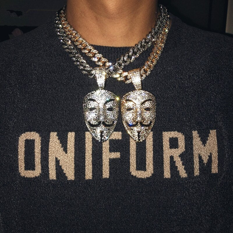 Cubic Zircon V For Vendetta Pendant Necklace For Men Jewelry Crystal Cuban Chain Anonymous Hacker Mask Charm Choker