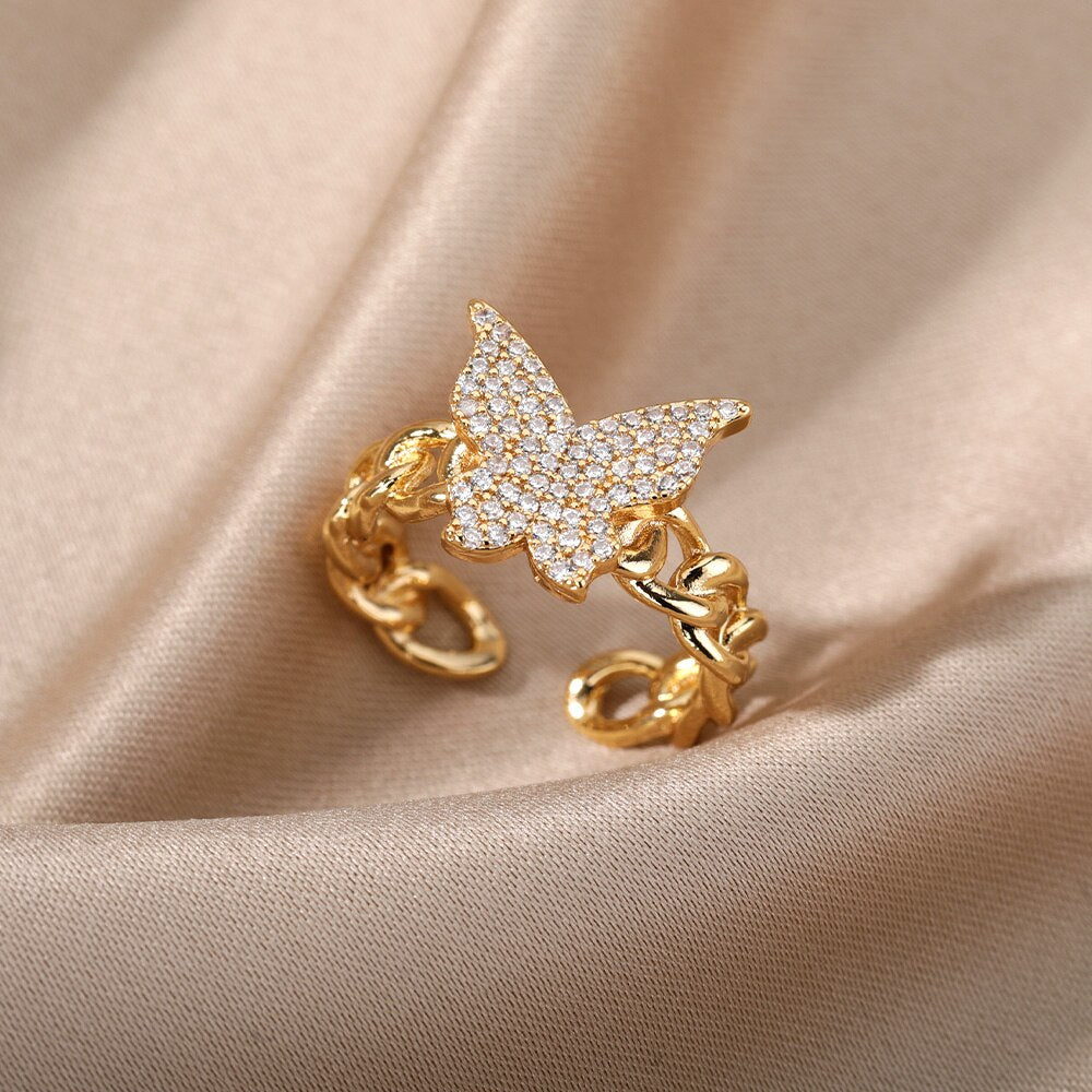 Cubic Zirconia Butterfly Rings For Women Open Adjustable Stainless Steel Gold  Chain Ring Couple Aesthetic Jewelry anillos