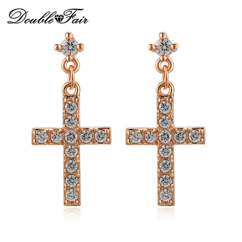 Cubic Zirconia Cross Drop/Dangle Earrings Rose Gold Color/Silver Tone Fashion Jewelry For Women Wholesale Punk Style DWE328