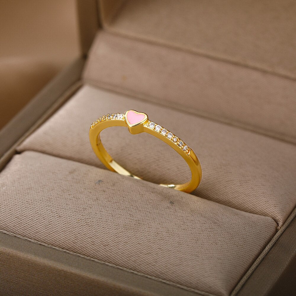Cubic Zirconia Heart Rings For Women Stainless Steel Gold Color Couple Ring Wedding Band Aesthetic Jewelry Gift anillos mujer