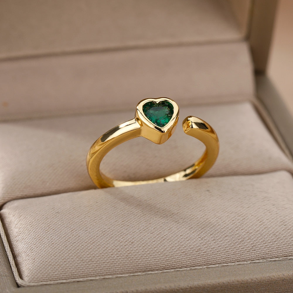Cubic Zirconia Heart Rings For Women Stainless Steel Open Adjustable Finger Ring Female Green Crystal Wedding Jewelry anillos