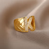 Cubic Zirconia Initial Letter Rings for Women Stainless Steel Chunky Wide Ring Female Party Wedding Band Couple Jewelry anillos