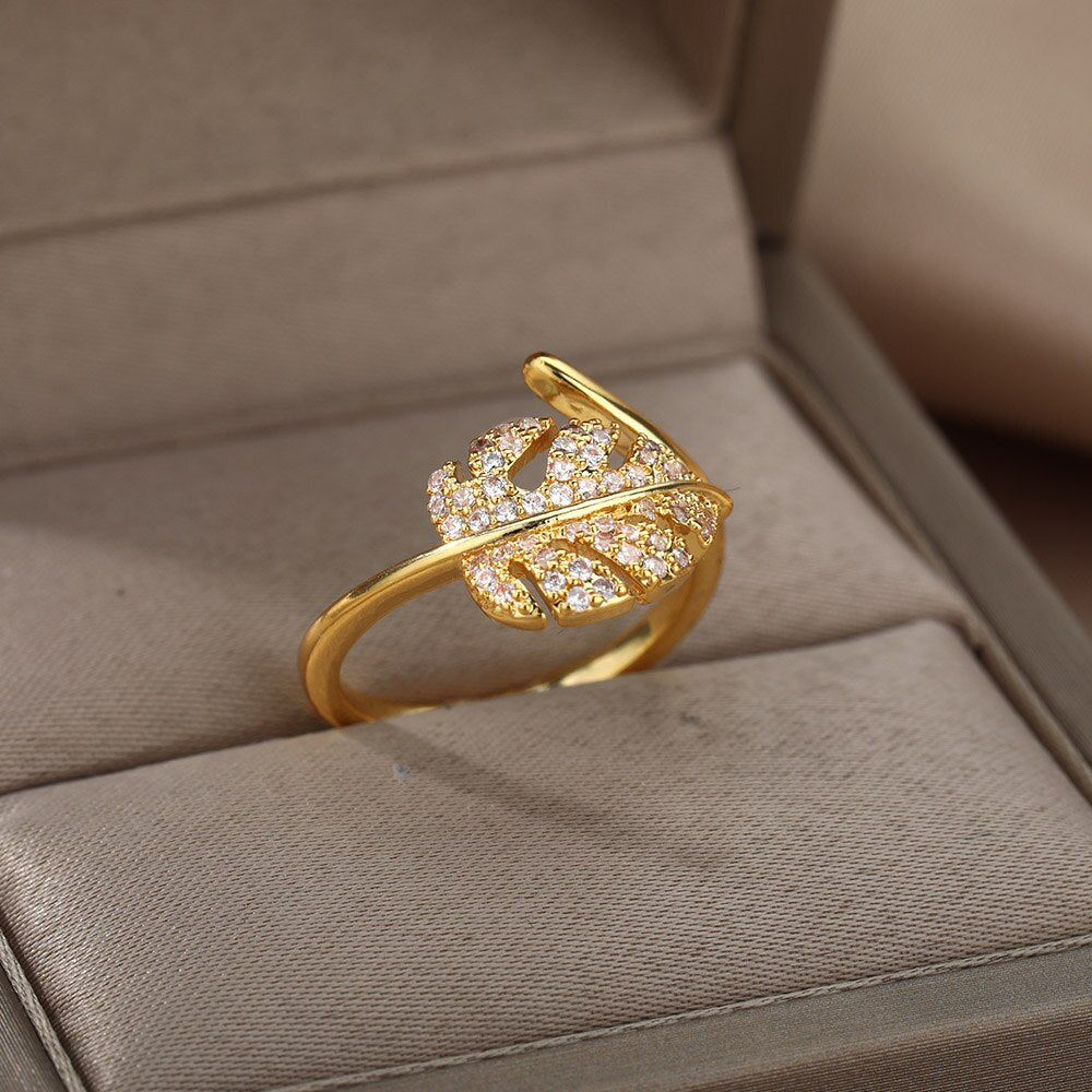 Cubic Zirconia Leaves Rings for Women Stainless Steel Gold Color Ring 2023 Trend Wedding Band Aesthetic Couple Jewelry anillos