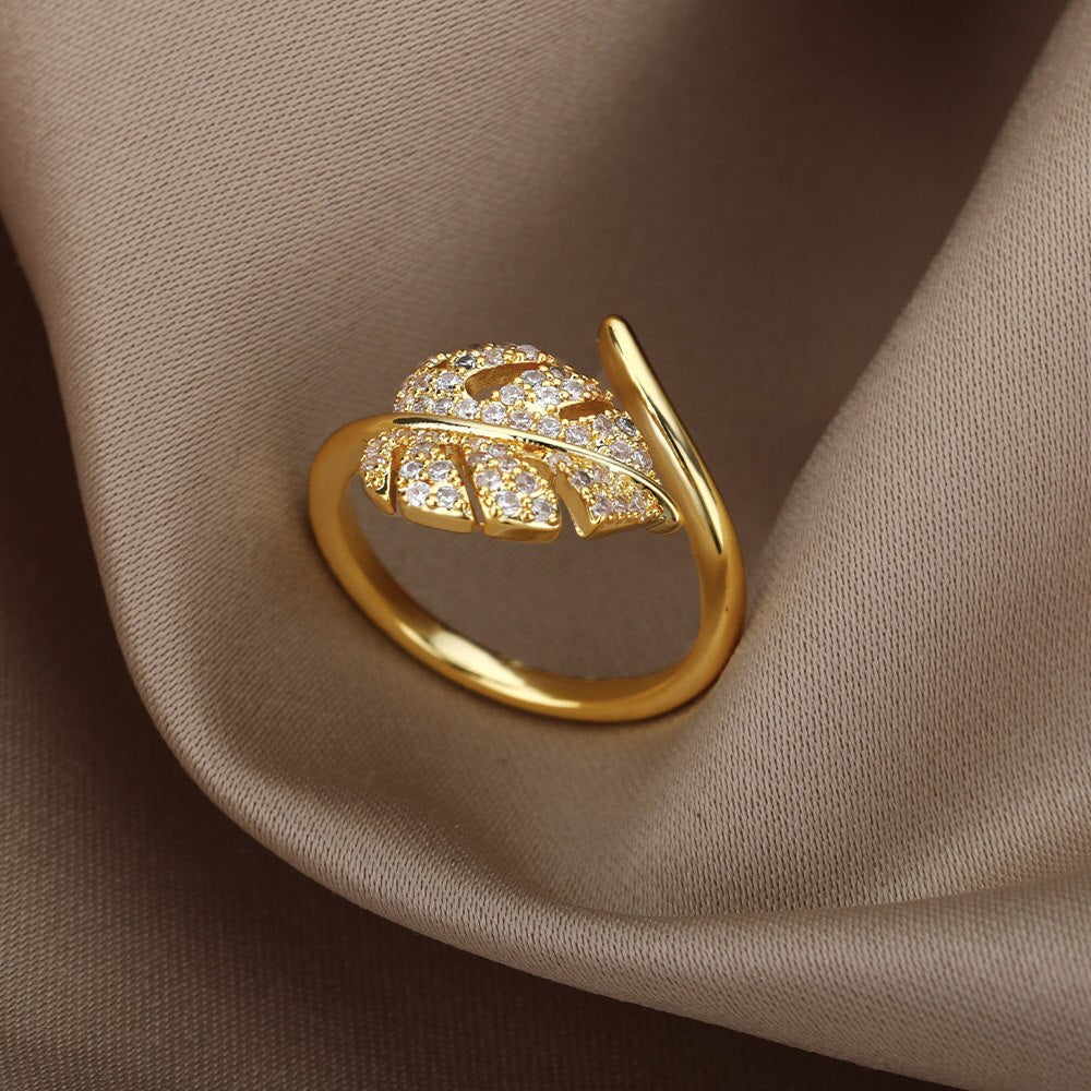 Cubic Zirconia Leaves Rings for Women Stainless Steel Gold Color Ring 2023 Trend Wedding Band Aesthetic Couple Jewelry anillos