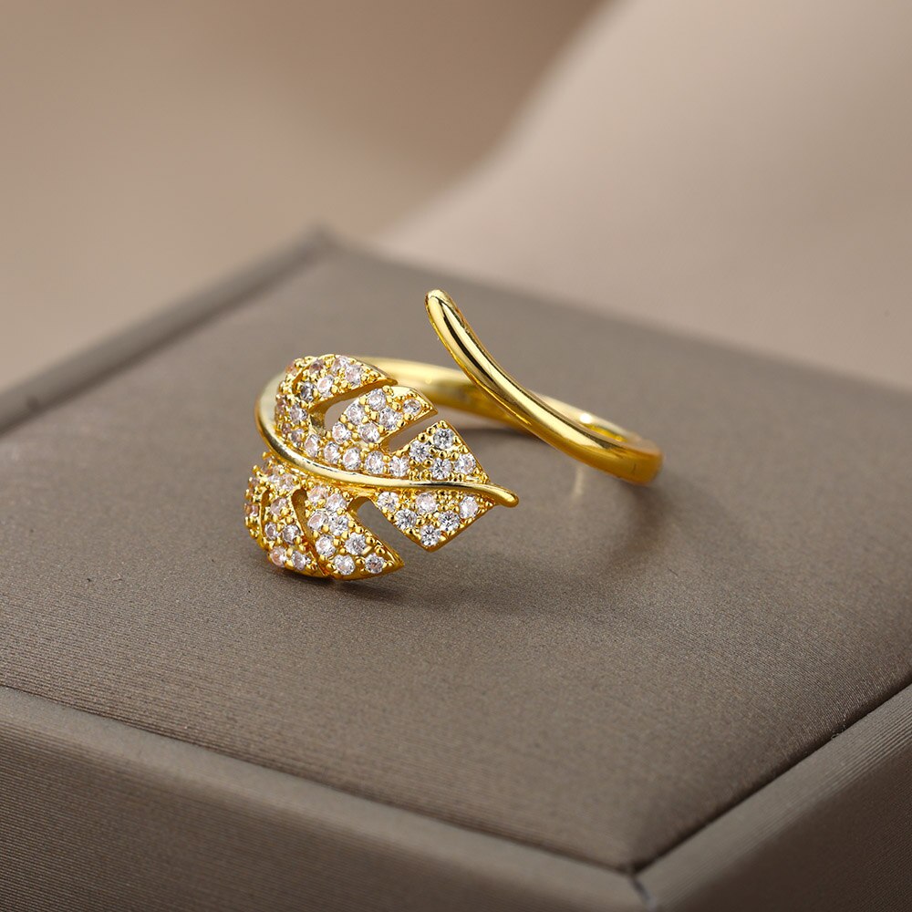Cubic Zirconia Leaves Rings for Women Stainless Steel Gold Color Ring 2023 Trend Wedding Band Aesthetic Couple Jewelry anillos