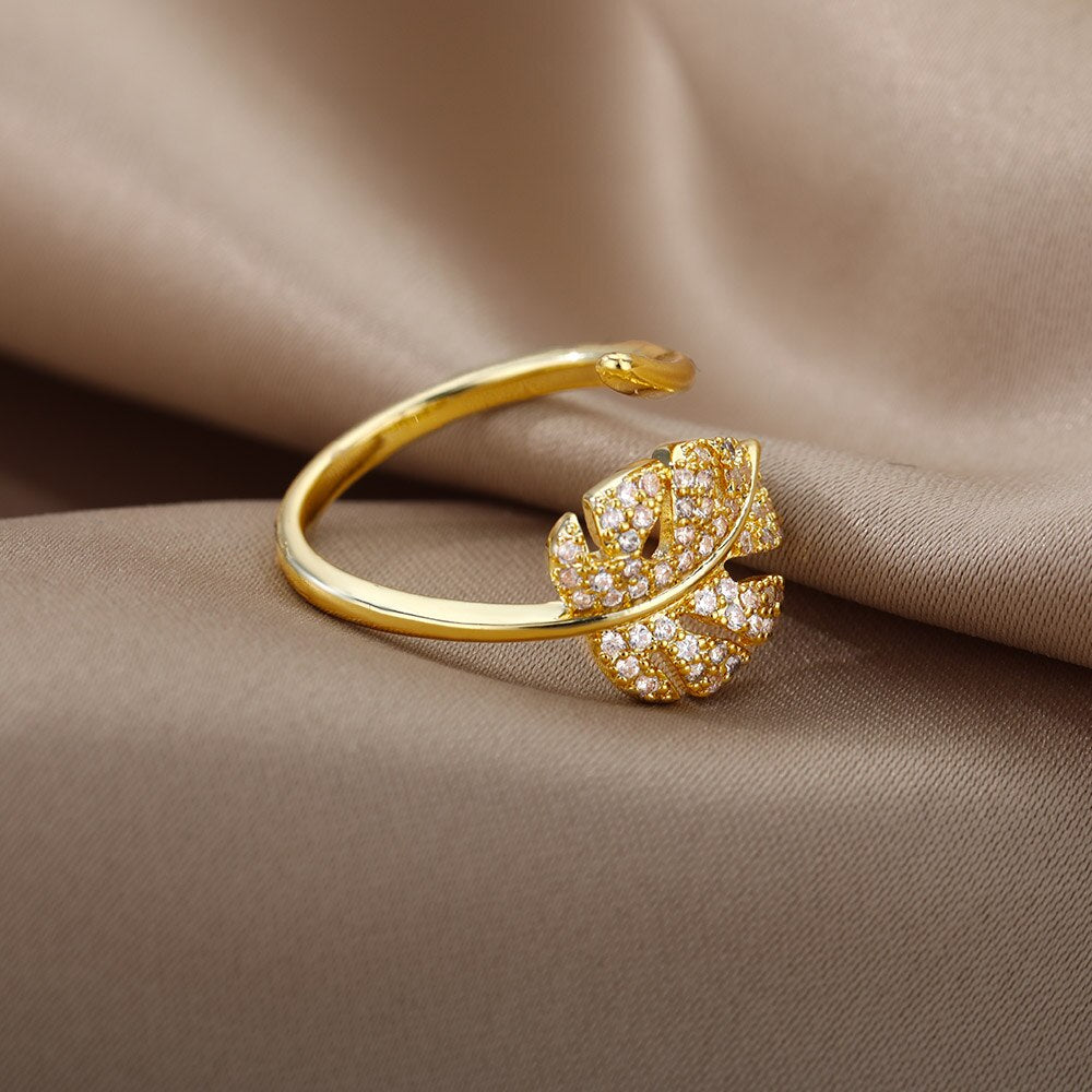 Cubic Zirconia Leaves Rings for Women Stainless Steel Gold Color Ring 2023 Trend Wedding Band Aesthetic Couple Jewelry anillos