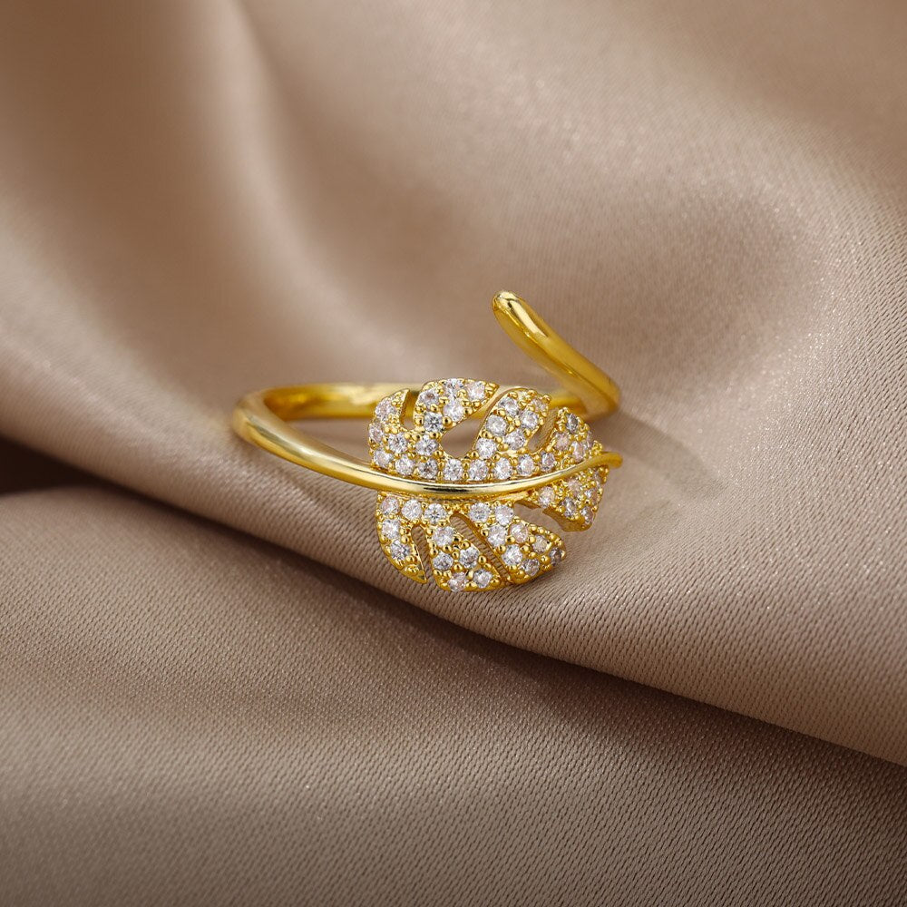 Cubic Zirconia Leaves Rings for Women Stainless Steel Gold Color Ring 2023 Trend Wedding Band Aesthetic Couple Jewelry anillos