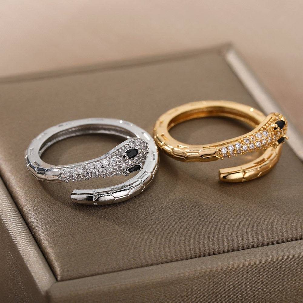 Cubic Zirconia Snake Rings For Women Adjustable Stainless Steel Gold Color Crystal Ring Wedding Couple Jewerly anillos