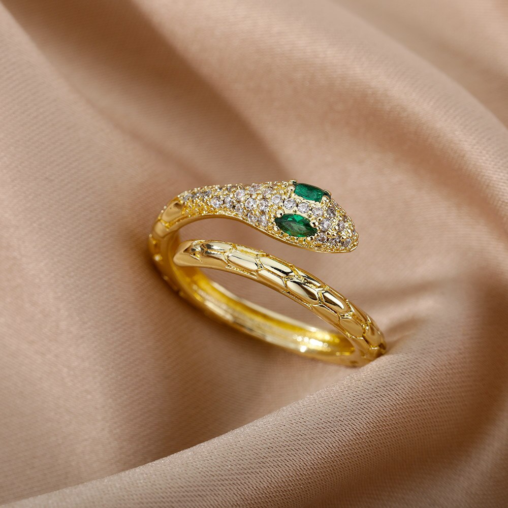 Cubic Zirconia Snake Rings for Women Open Adjustable Stainless Steel Gold Color Ring Aesthetic Couple Wedding Jewelry anillos
