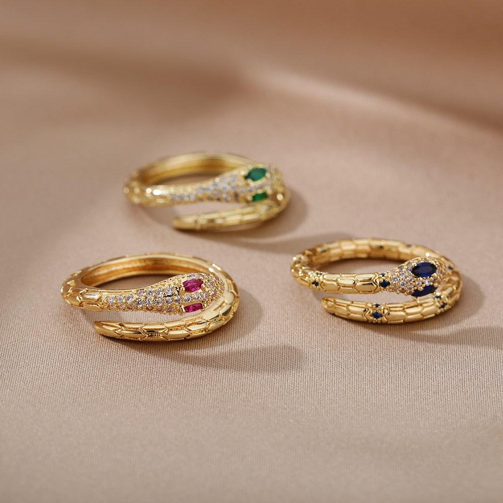 Cubic Zirconia Snake Rings for Women Open Adjustable Stainless Steel Gold Color Ring Aesthetic Couple Wedding Jewelry anillos