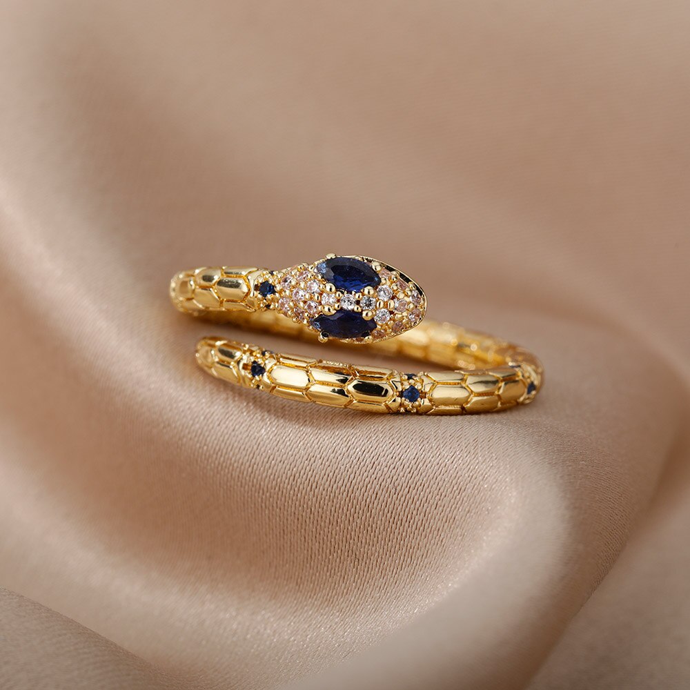 Cubic Zirconia Snake Rings for Women Open Adjustable Stainless Steel Gold Color Ring Aesthetic Couple Wedding Jewelry anillos