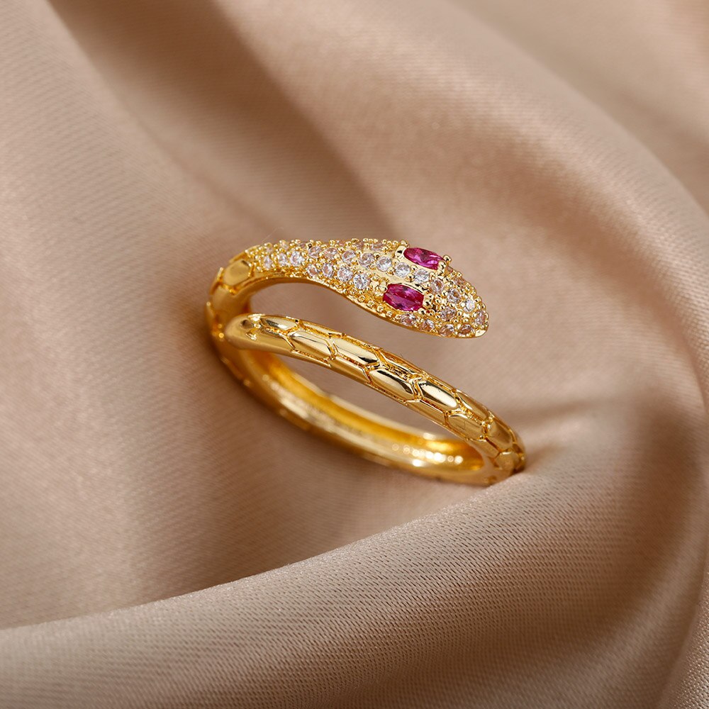 Cubic Zirconia Snake Rings for Women Open Adjustable Stainless Steel Gold Color Ring Aesthetic Couple Wedding Jewelry anillos