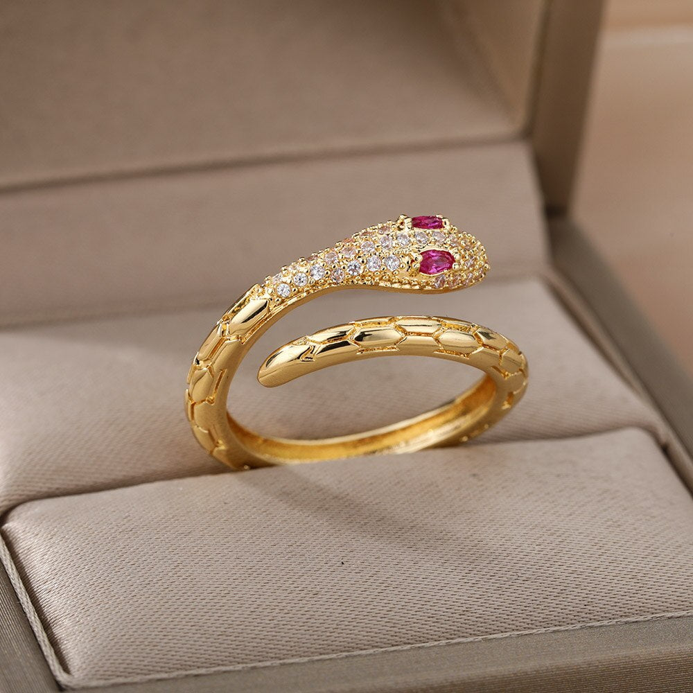 Cubic Zirconia Snake Rings for Women Open Adjustable Stainless Steel Gold Color Ring Aesthetic Couple Wedding Jewelry anillos