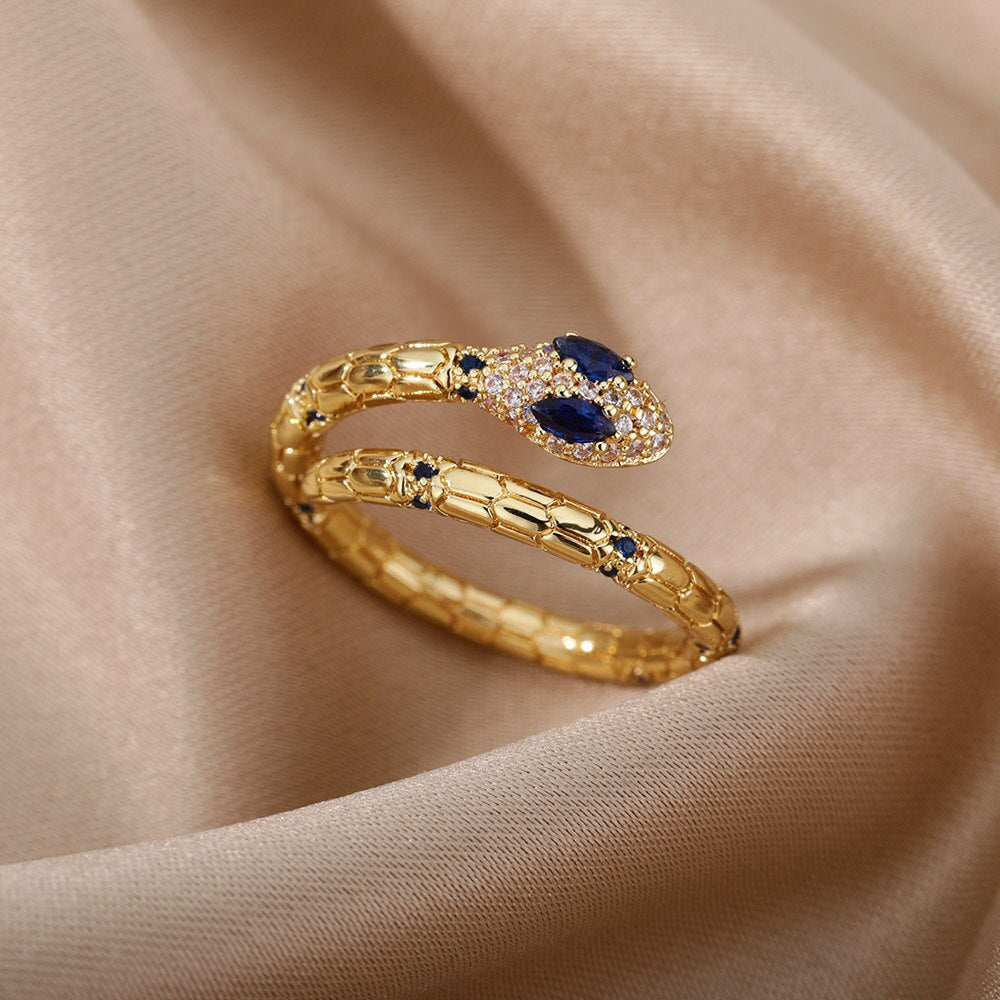 Cubic Zirconia Snake Rings for Women Open Adjustable Stainless Steel Gold Color Ring Aesthetic Couple Wedding Jewelry anillos