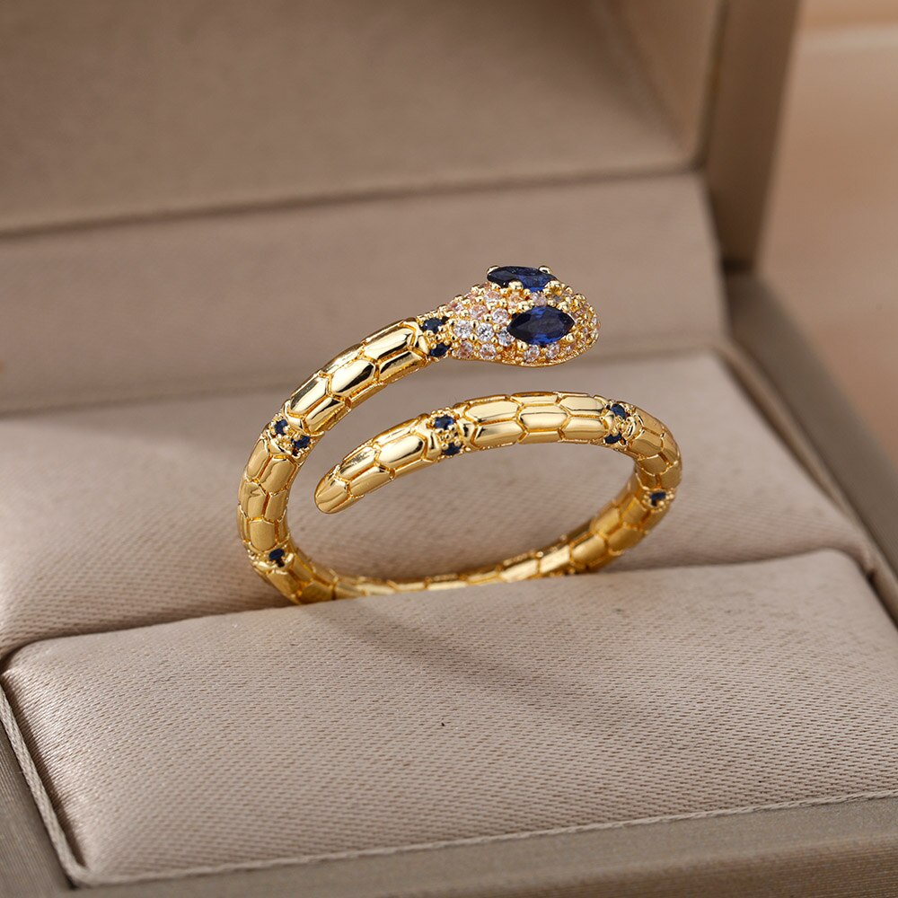 Cubic Zirconia Snake Rings for Women Open Adjustable Stainless Steel Gold Color Ring Aesthetic Couple Wedding Jewelry anillos