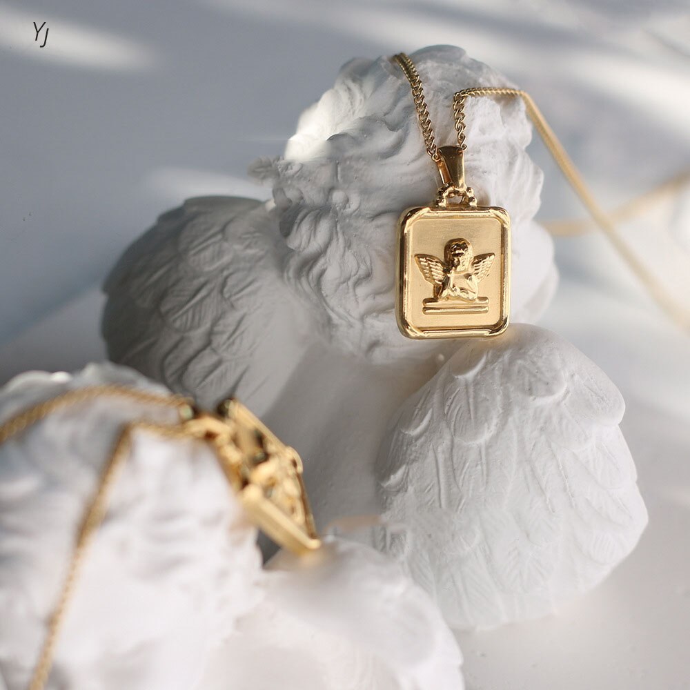 Cupid angel Square pendant necklace for women stainless steel necklace 2022 vintage jewelry tarnish  dropship