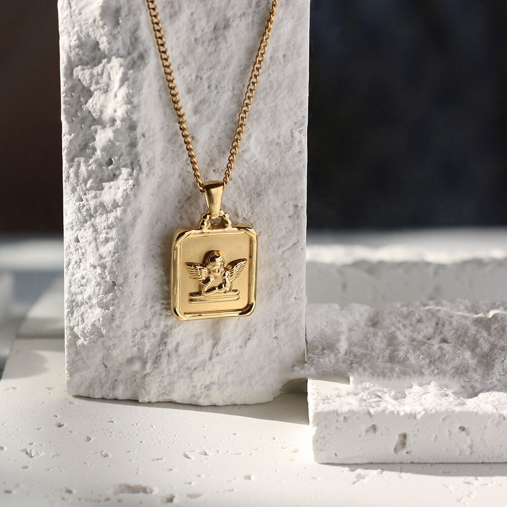 Cupid angel Square pendant necklace for women stainless steel necklace 2022 vintage jewelry tarnish  dropship