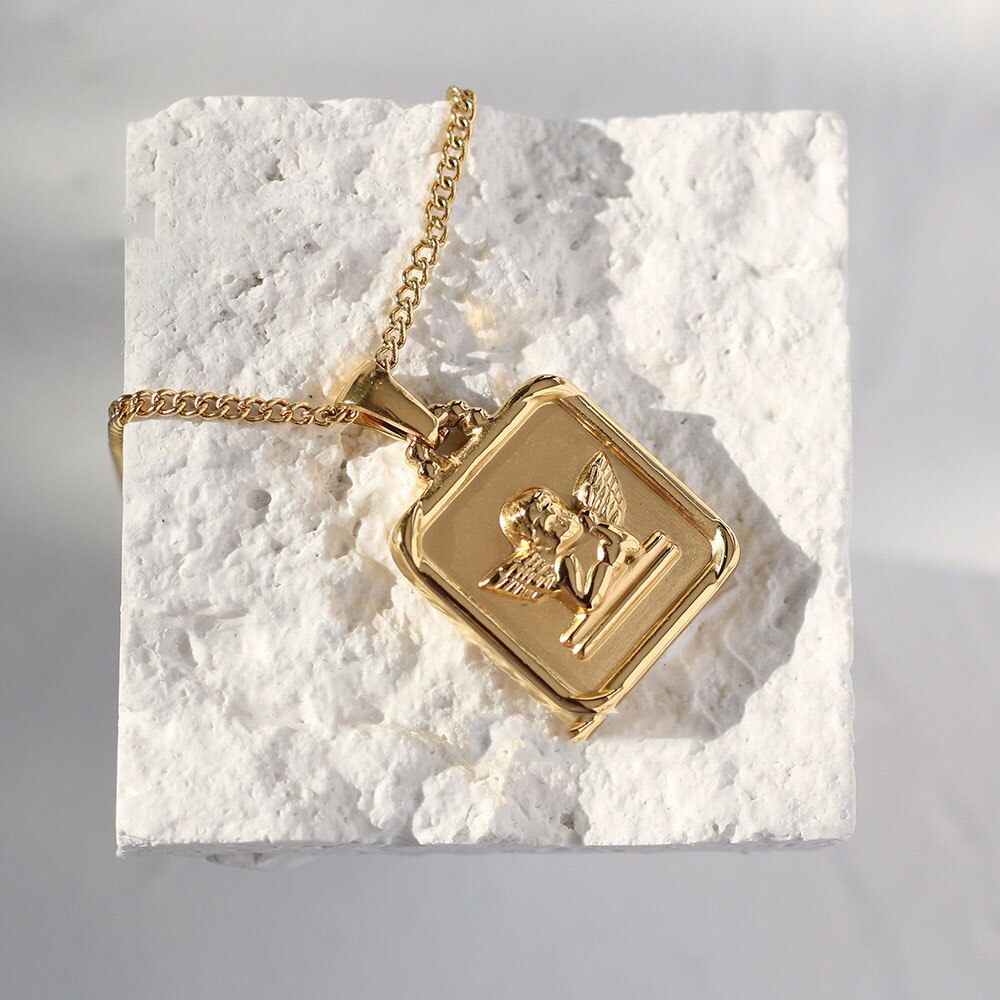 Cupid angel Square pendant necklace for women stainless steel necklace 2022 vintage jewelry tarnish  dropship
