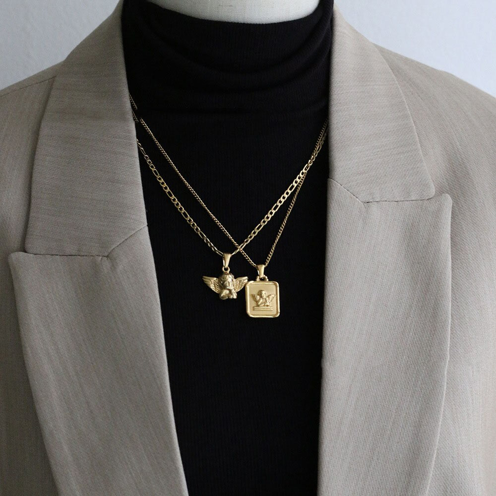 Cupid angel Square pendant necklace for women stainless steel necklace 2022 vintage jewelry tarnish  dropship