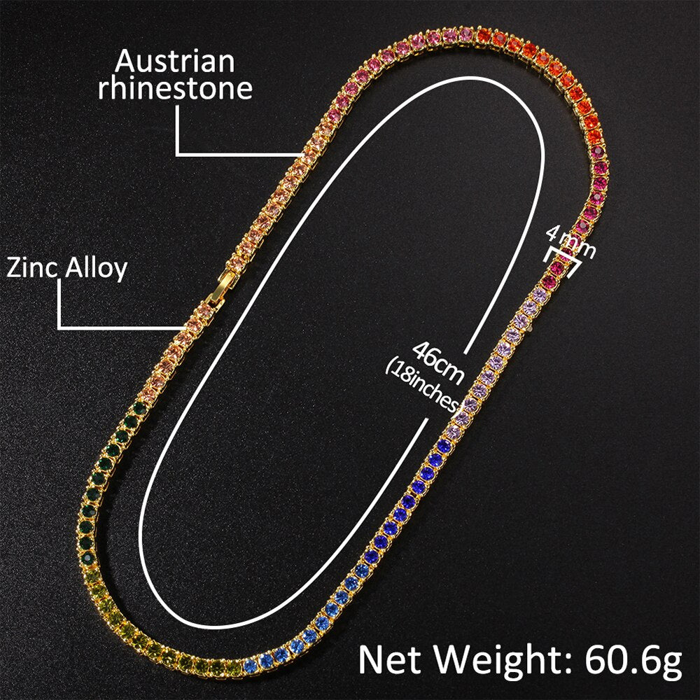 Custom 4mm Men Women  Necklace Bling Colorful Zircon Rhinestone CZ Iced Out Hip Hop Link Tennis Chain Necklace Jewelry For Gift