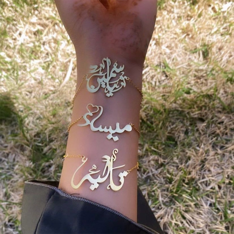 Custom Arabic Name Bracelets For Women Stainless Steel Gold Color Handwriting ID Bangle & Bracelet Charms Islam Jewelry pulseras