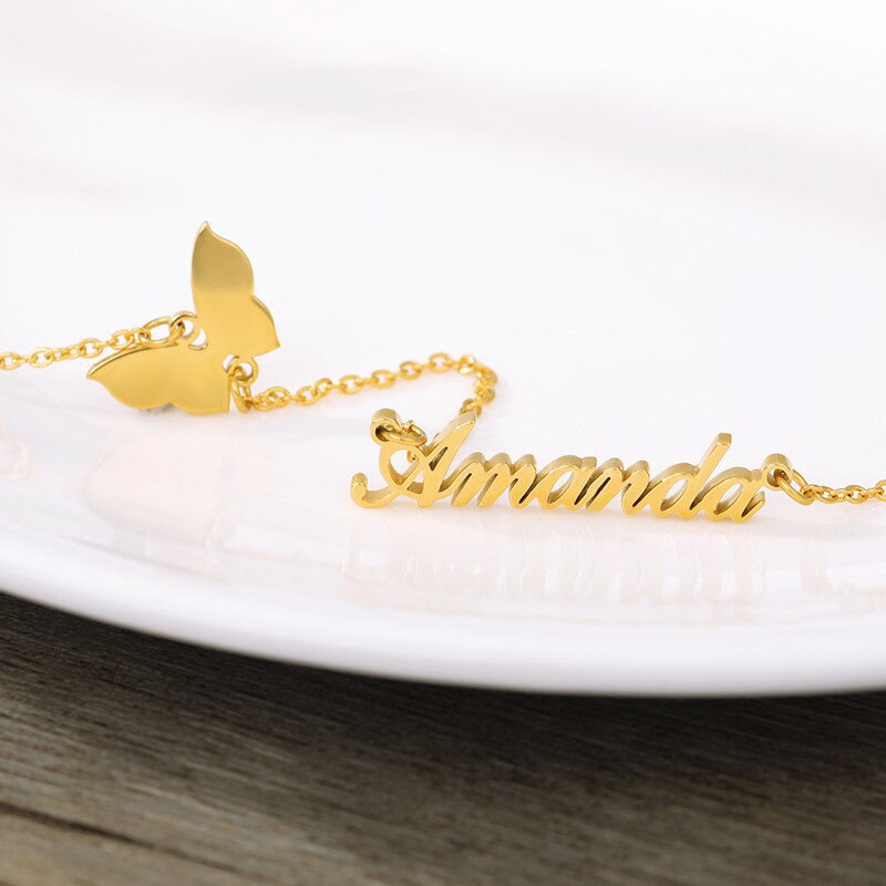 Custom Butterfly Name Necklace For Women Stainless Steel Personalized Gold Color Chains Necklaces Custom Jewelry Collier Femme