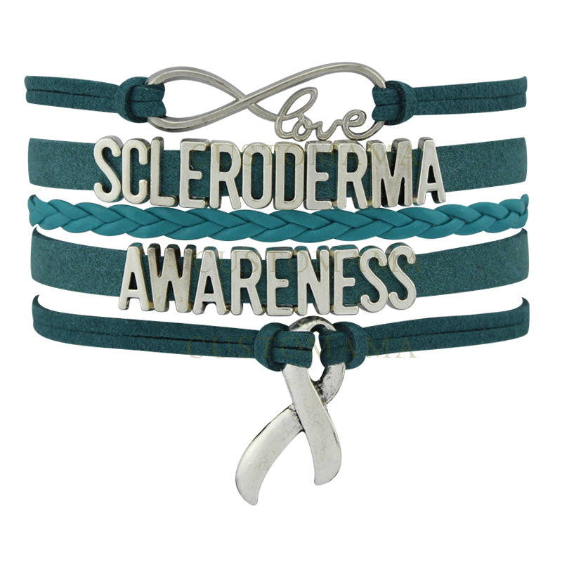 Custom- Infinity Love Scleroderma Awareness Ribbon Charm Women's Me Bracelet Teal Leather Wrap Bracelet Custom