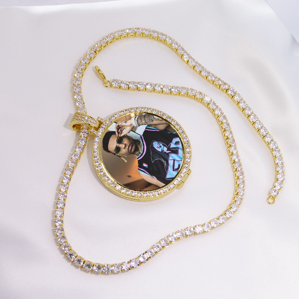 Custom Made Photo Medallions Pendant Necklace 4mm Tennis Chain Gold Silver Color Iced Out Cubic Zircon Men Hip hop Jewelry Gift