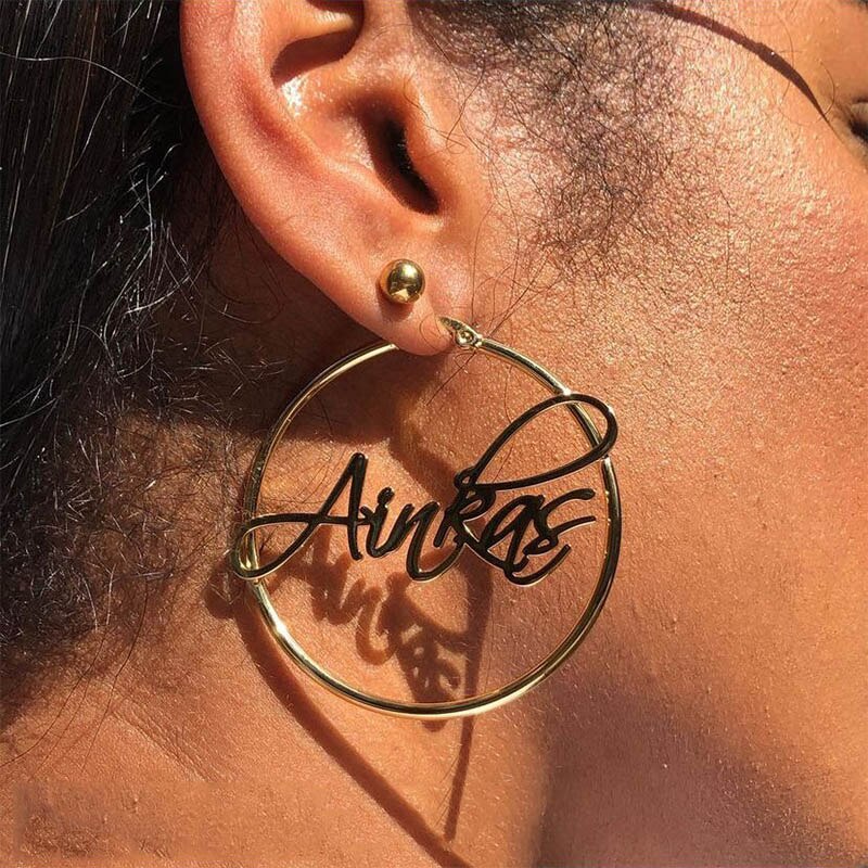 Custom Name Hoop Earrings For Women Girls Stainless Steel Personalized Big Nameplate Handmade Jewelry Round Circle Oorbellen BFF
