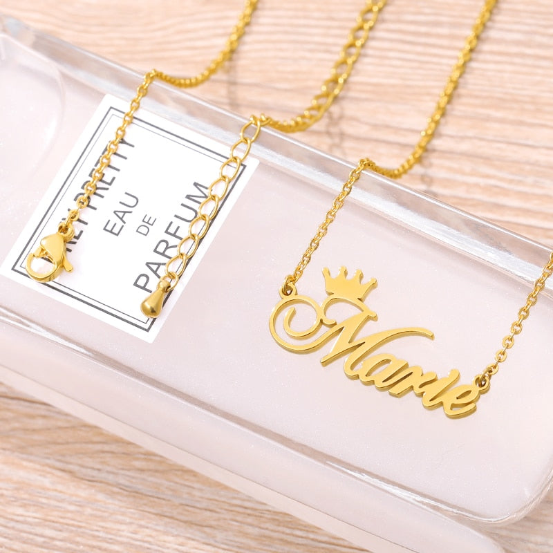 Custom Name Necklace for Women Personalized Gold Color Chains Stainless Steel Crown Choker Necklace BFF Jewelry collares mujer