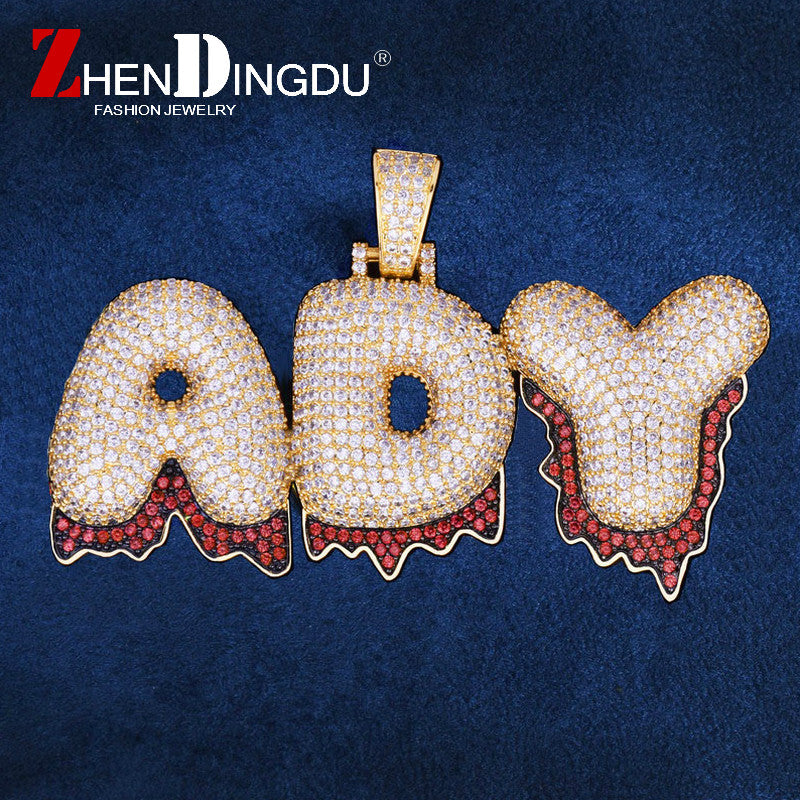 Custom Name Red Drip Bubble Letters Pendants Necklaces Men's Zircon Hop Jewelry With 4MM Gold Silver Tennis Chain For Gift
