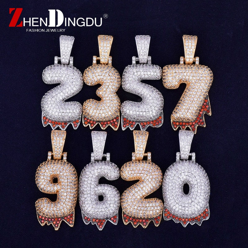 Custom Name Red Drip Bubble Number Necklaces & Pendant For Men Women Gold Silver Color Cubic Zircon Hop Jewelry For Gift