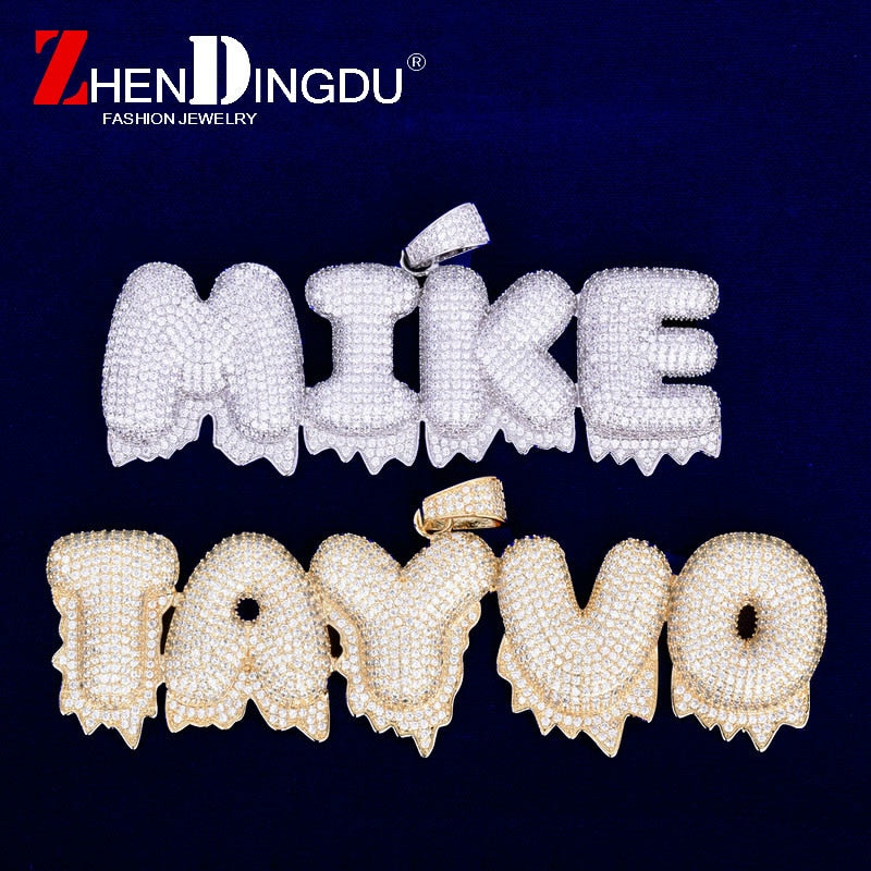 Custom Name White Drip Bubble Letters Chain Necklaces & Pendant Men's Zircon Hop Jewelry Free 4MM Gold Silver Tennis Chain