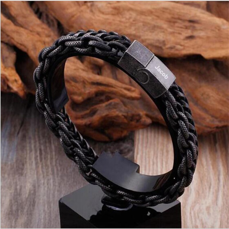 Customize Chain Bracelet Bangle Free Engraving Stainless Steel Black Steel Gift For Boyfriend Father