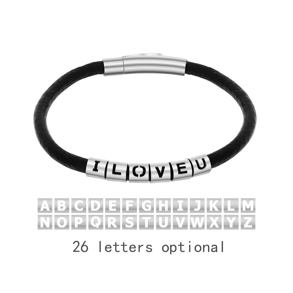 Customized Leather Bracelet With Hollowed  26 Initial Lettter Beads Available Unique Gifts For Men Woman