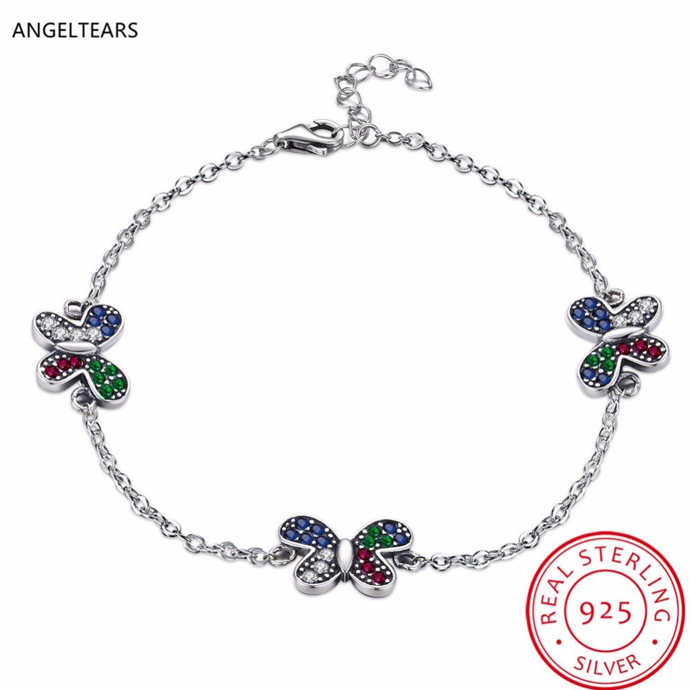 Cute 100% 925 Sterling Silver Butterfly Charm Bracelet & Bangles with Zircon Woman Fashion Party Jewelry Wedding Gifts pulseira