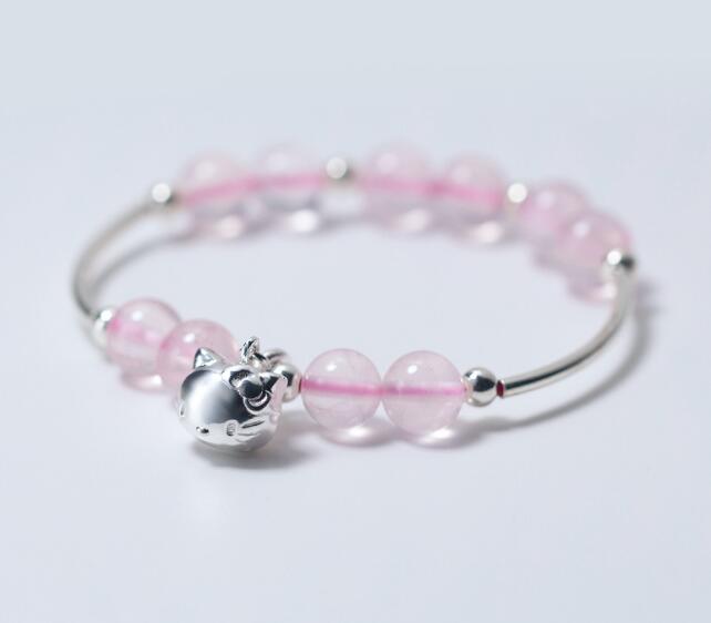 Cute 100% Real. 925 Sterling Silver Jewelry Natural Rose Quartz & Kitten Cat Cuff Bracelet Thin bangle Animal Charms GTLS331
