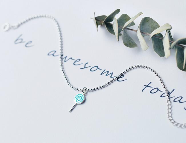 Cute 1pc 100% Real. 925 Sterling Silver Fine Jewelry Rainbow Candy lollipop Beads Chain Bracelet GTLS477