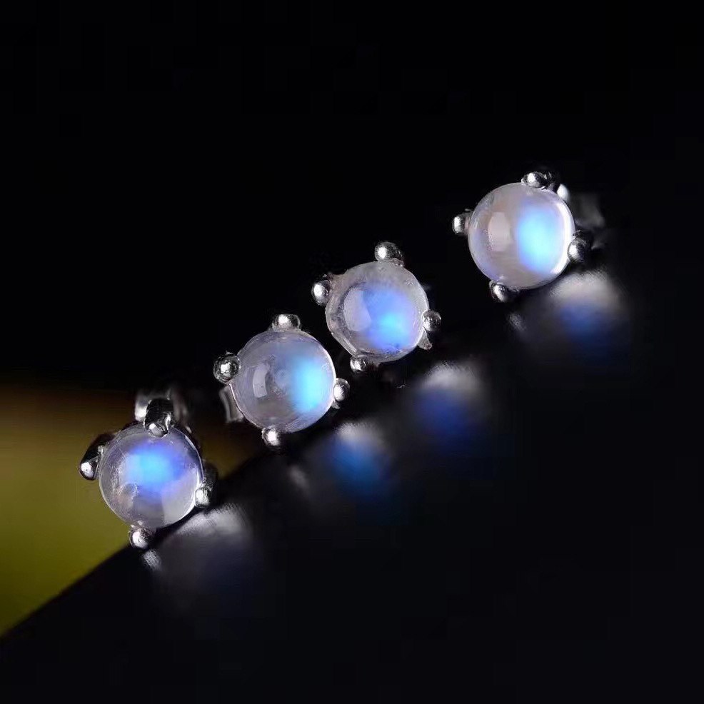 Cute 925 Sterling Silver Engraved Round Natural Moonstones Stud Earrings For Women Children Girls Jewelry