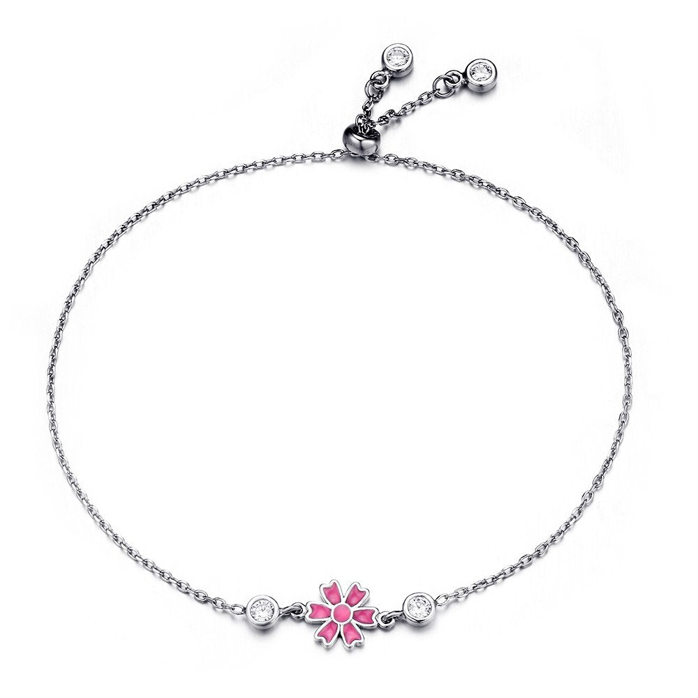Cute 925 Sterling Silver Pink Sun Flower Simple Hand Chain Link Bracelet Adjustable Bracelets For Women Fine Jewelry W2 BA024